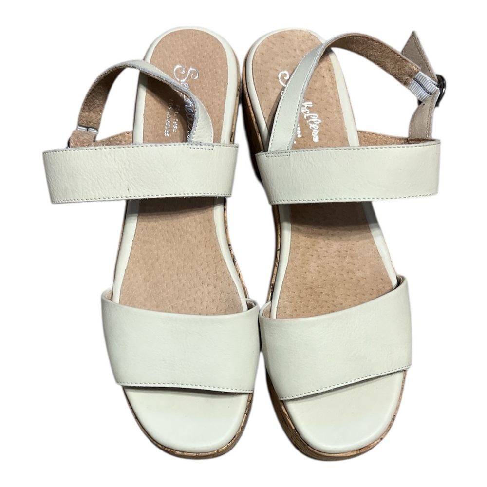 Seychelles Leather Cork Wedge Sandals White Platform Sandal Size 9 Coastal Chic - Picture 2 of 9